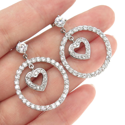 925 Sterling Silver Round-Cut C Z Circle of Life & Heart Dangling Earrings