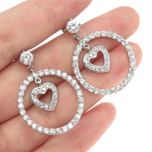 925 Sterling Silver Round-Cut C Z Circle of Life & Heart Dangling Earrings