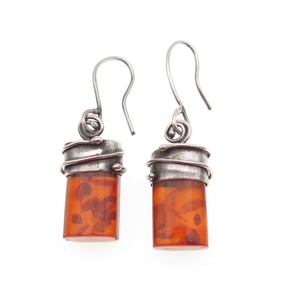 900 Silver Vintage Czechia Real Amber Modernist Oxidized Dangle Earrings