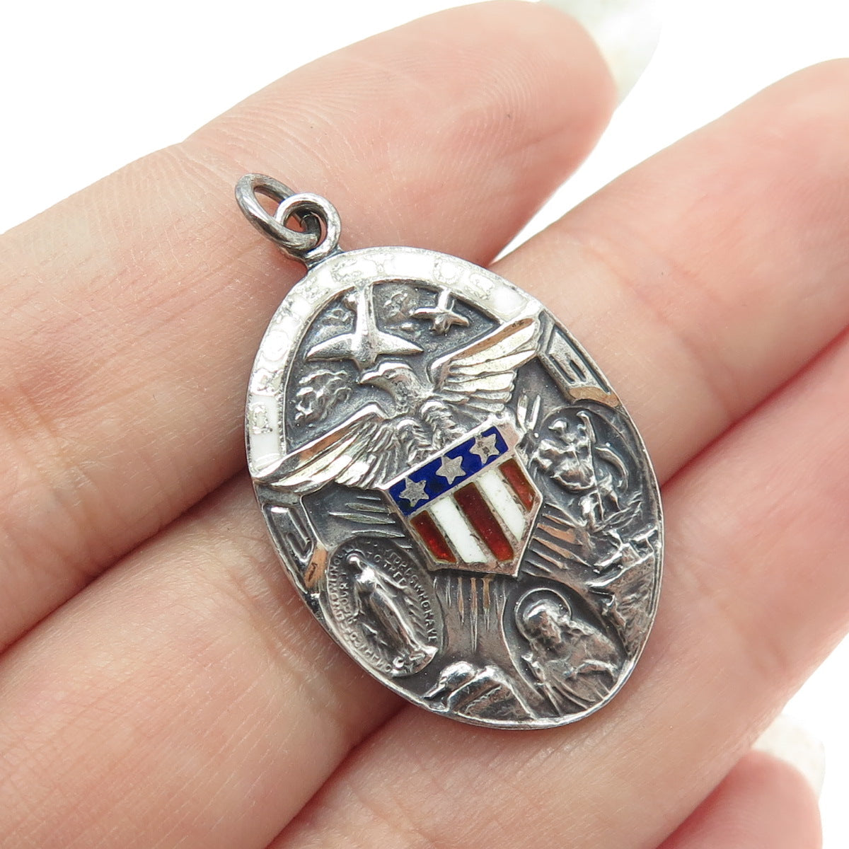 925 Sterling Silver Antique Art Deco Enamel WWII US Army Religious Pendant