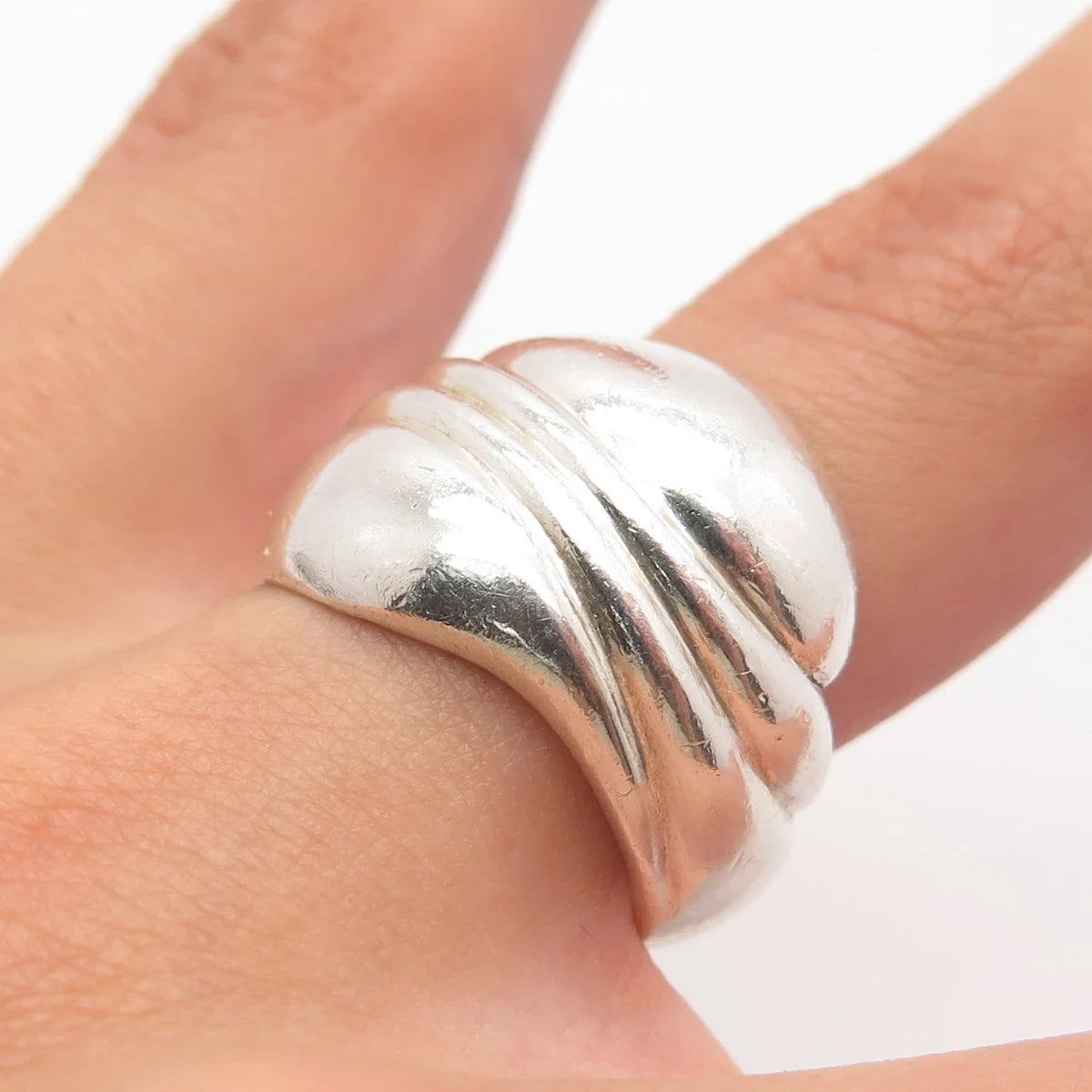 925 Sterling Silver Vintage Ribbed Wide Ring Size 6.5