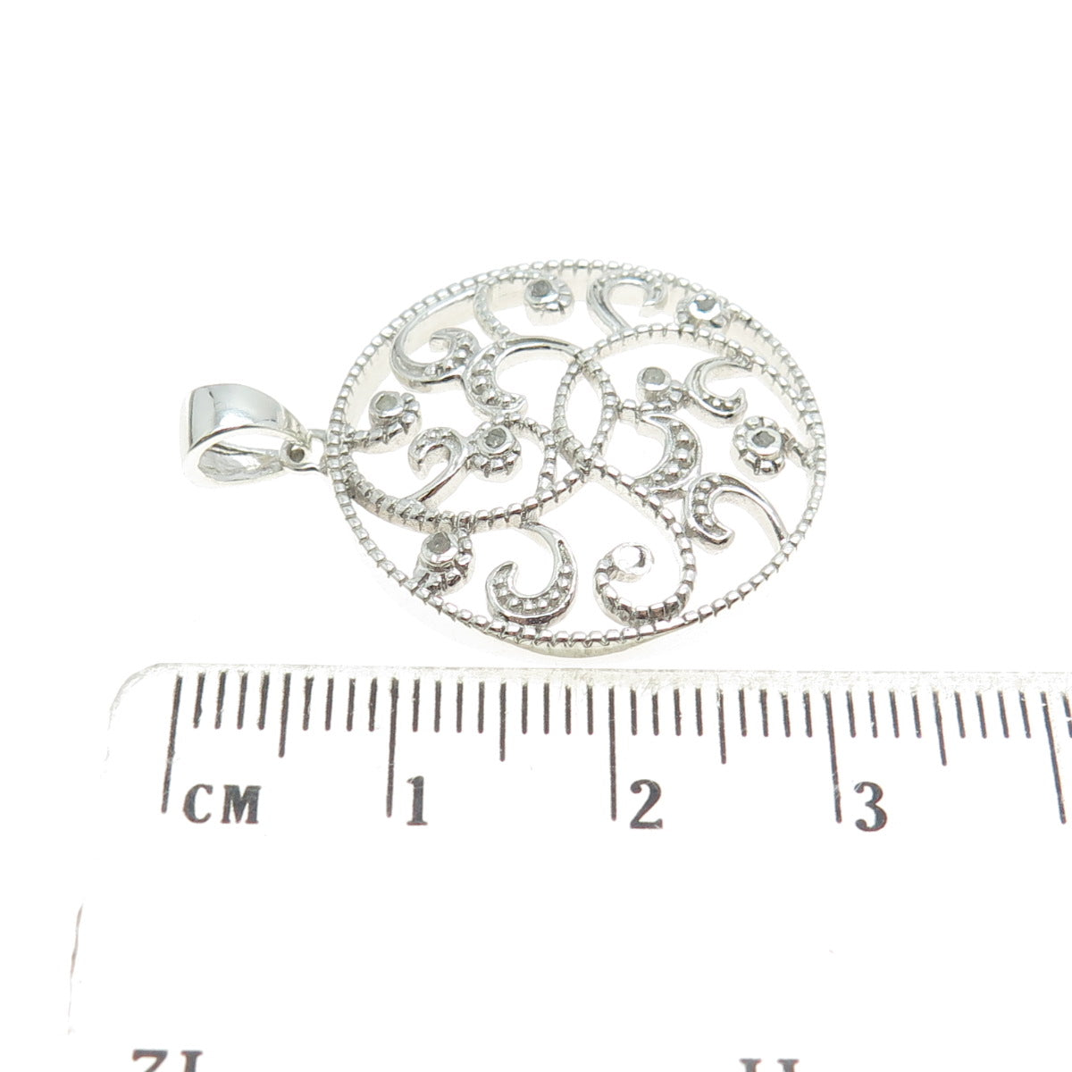 925 Sterling Silver Real Round-Cut Diamond Ornate Round Pendant