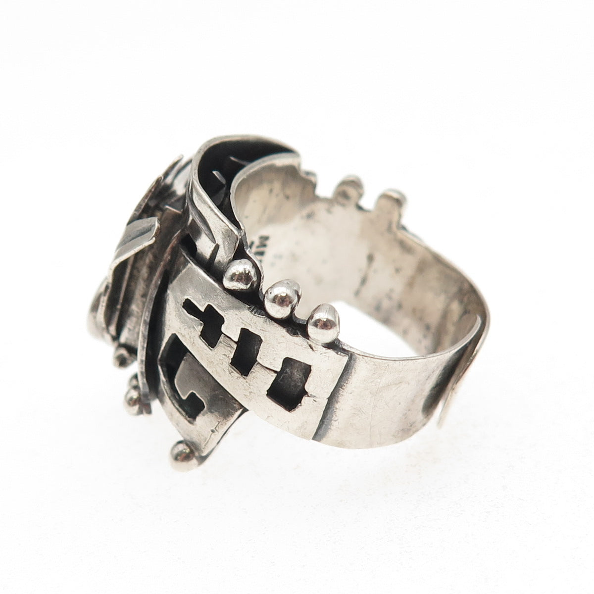 925 Sterling Silver Vintage Mayan Tribal Oxidized Adjustable Ring Size 8.75