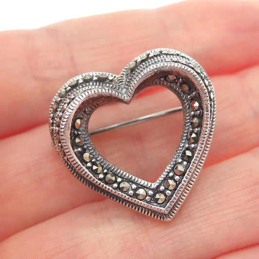 KEN CRAFTS 925 Sterling Silver Vintage Real Marcasite Heart Oxidized Pin Brooch