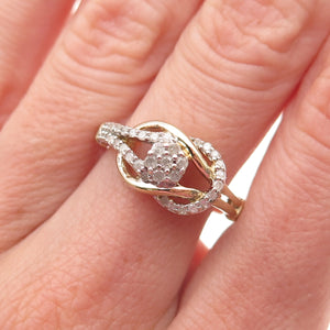 925 Sterling Silver 2-Tone Real Round-Cut Diamond Love Knot Ring Size 7.25