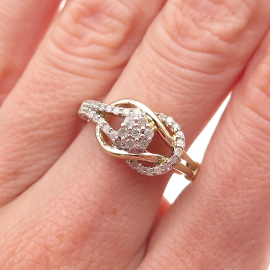 925 Sterling Silver 2-Tone Real Round-Cut Diamond Love Knot Ring Size 7.25