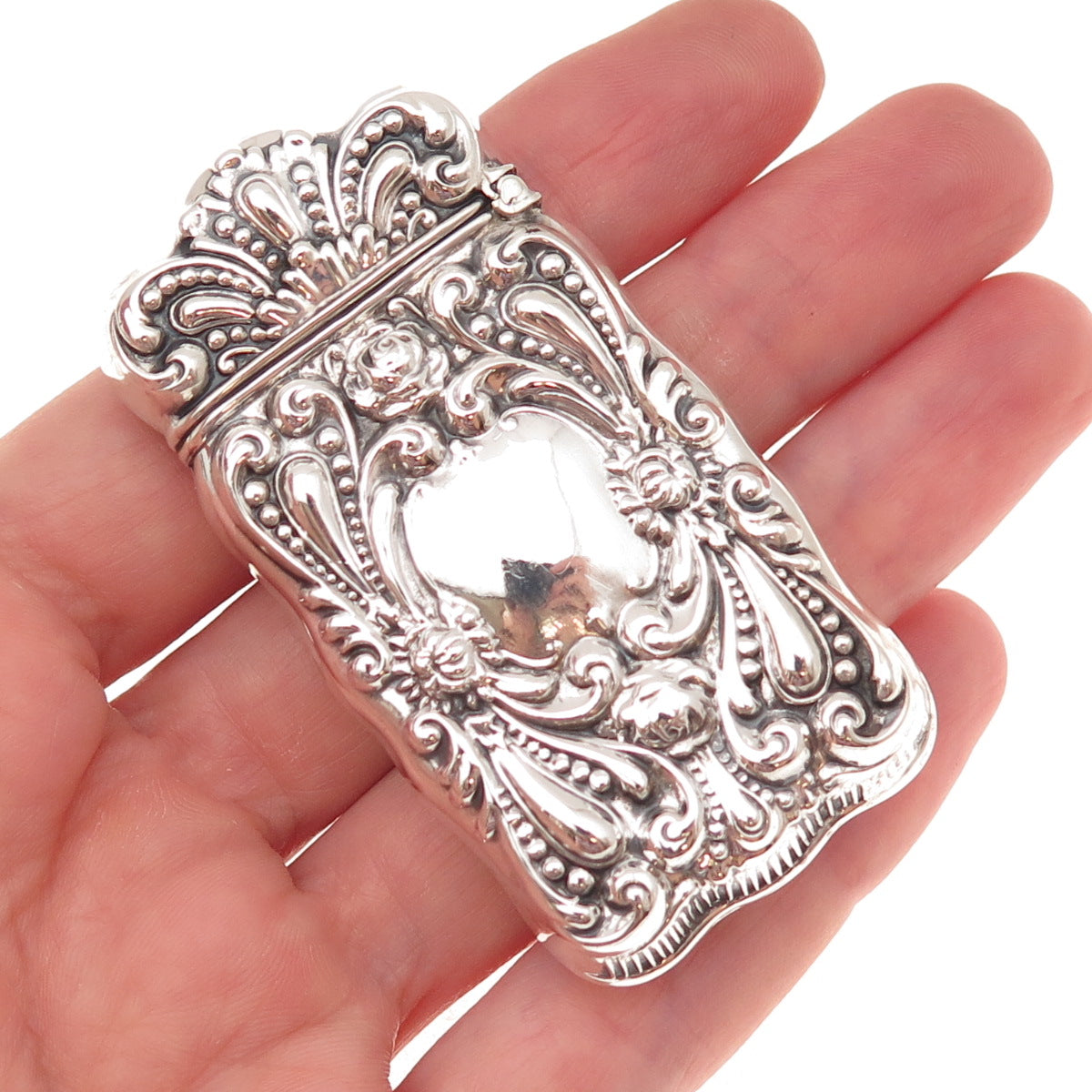 925 Sterling Silver Antique Art Deco Engraved Mono Repousse Vesta Match Case