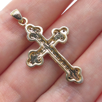 925 Sterling Silver 2-Tone Real Round-Cut Diamond Cross Charm Pendant