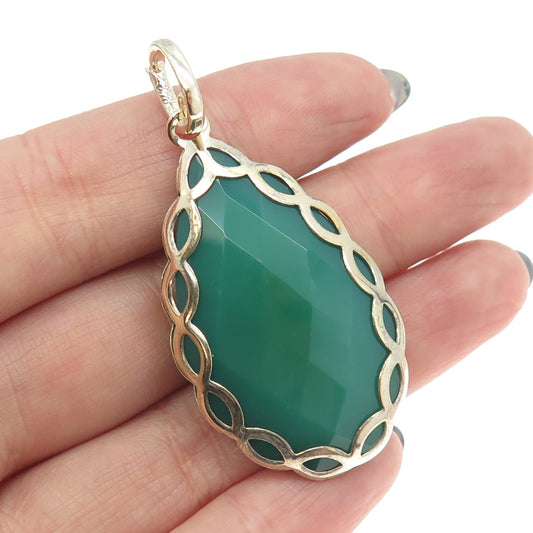 925 Sterling Silver Gold Plated Real Pear-Cut Green Onyx Drop Pendant