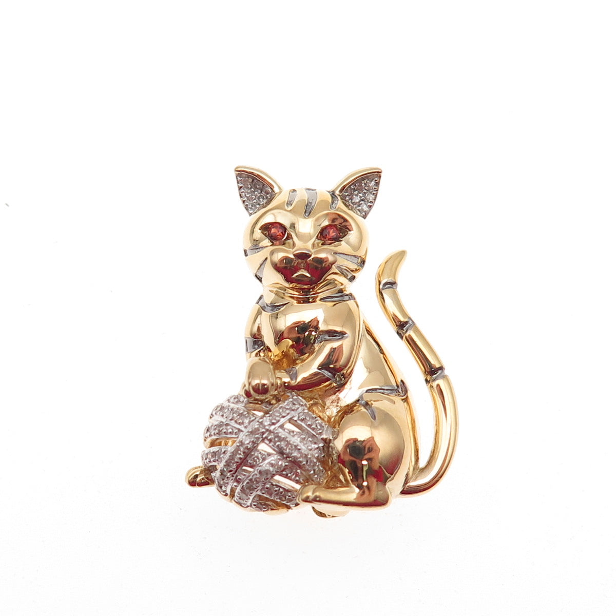 925 Sterling Gold Plated Real Diamond Red Garnet Cat Heart Brooch Slide Pendant