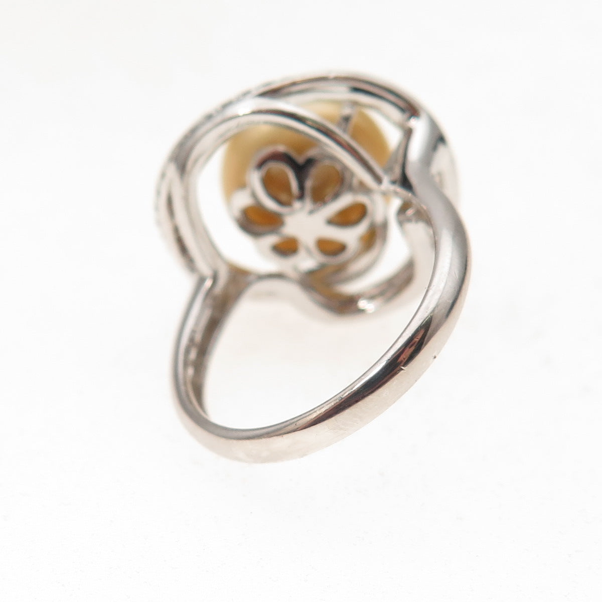 925 Sterling Silver Real Pearl & C Z Modernist Floral Ring Size 6
