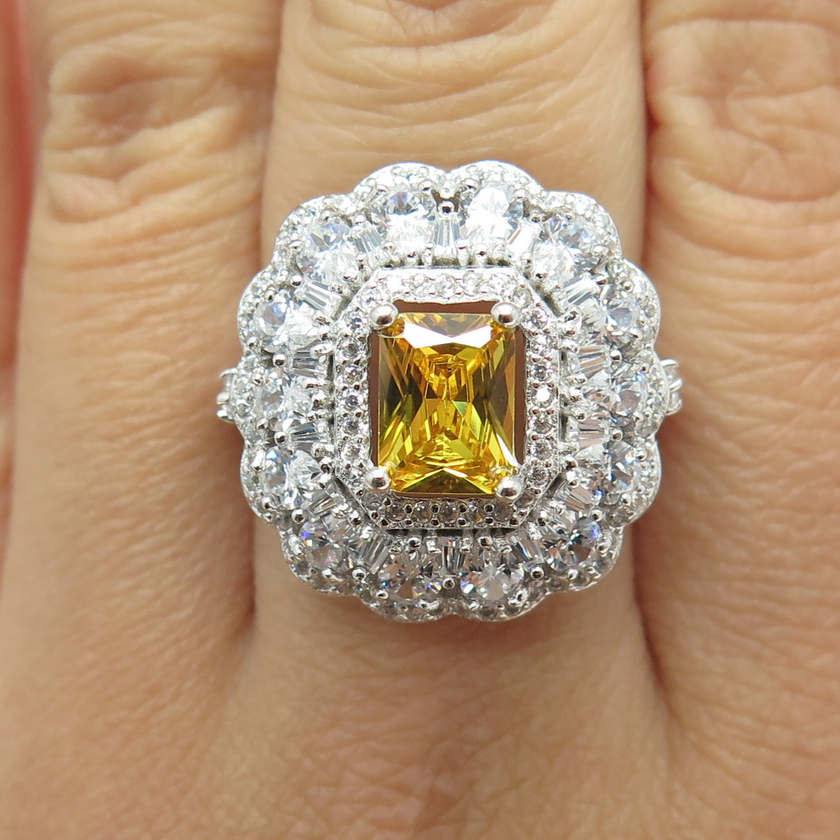 925 Sterling Silver Nano Citrine & Multi-Cut C Z Ring Size 8