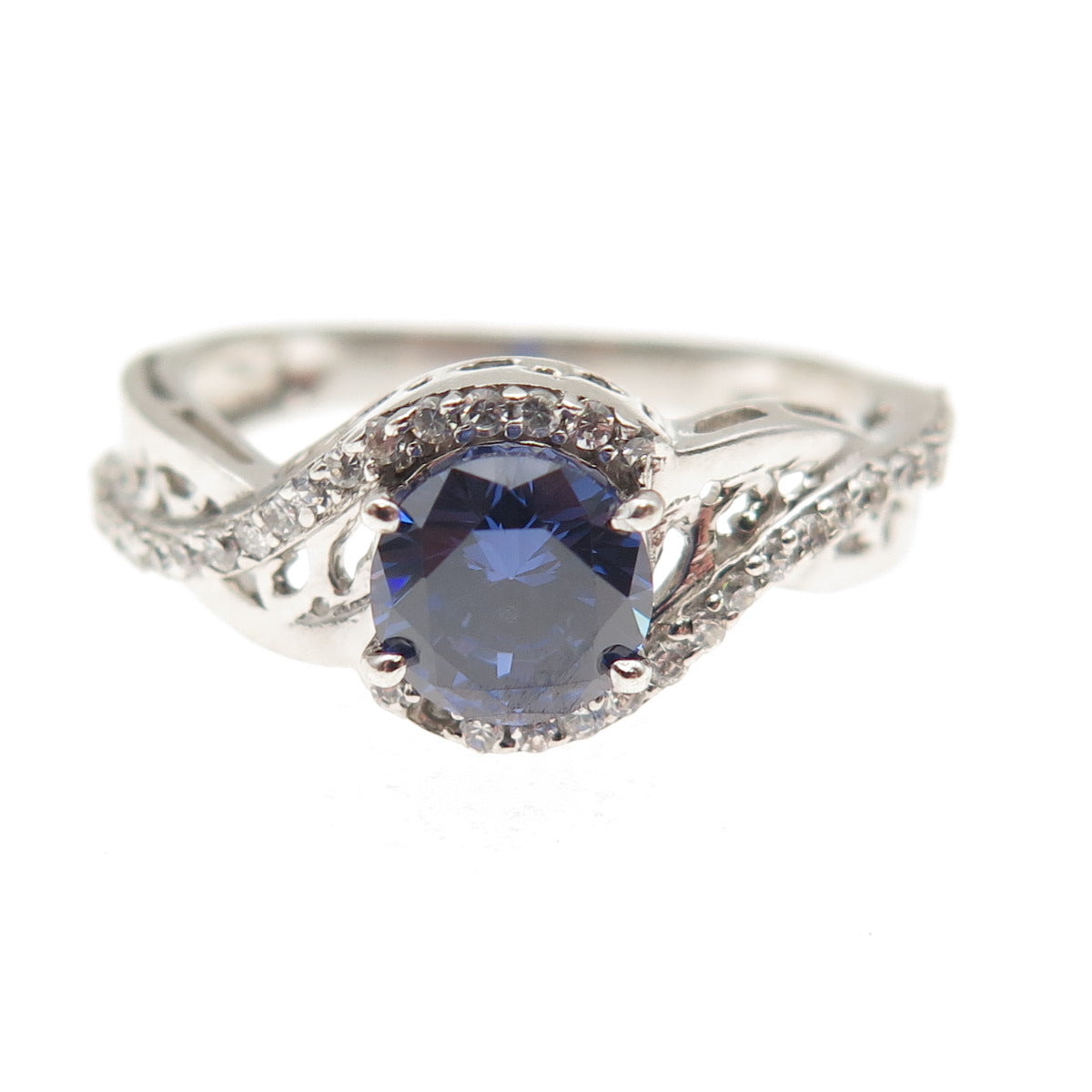 925 Sterling Silver Round-Cut Blue & White C Z Ring Size 7.25