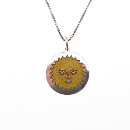 925 Sterling Silver Enamel Sun Face Box Chain Necklace 18"