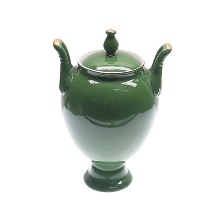 Antique Late XIX Gold & Green Hand-Painted Porcelain Victorian Lady Vase w/ Lid