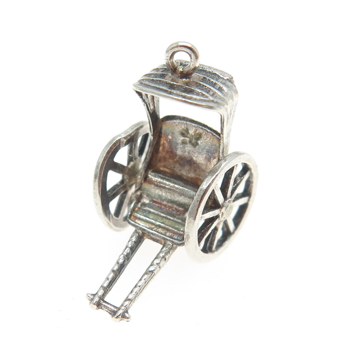 925 Sterling Silver Antique Art Deco Rickshaw Carriage 3D Pendant