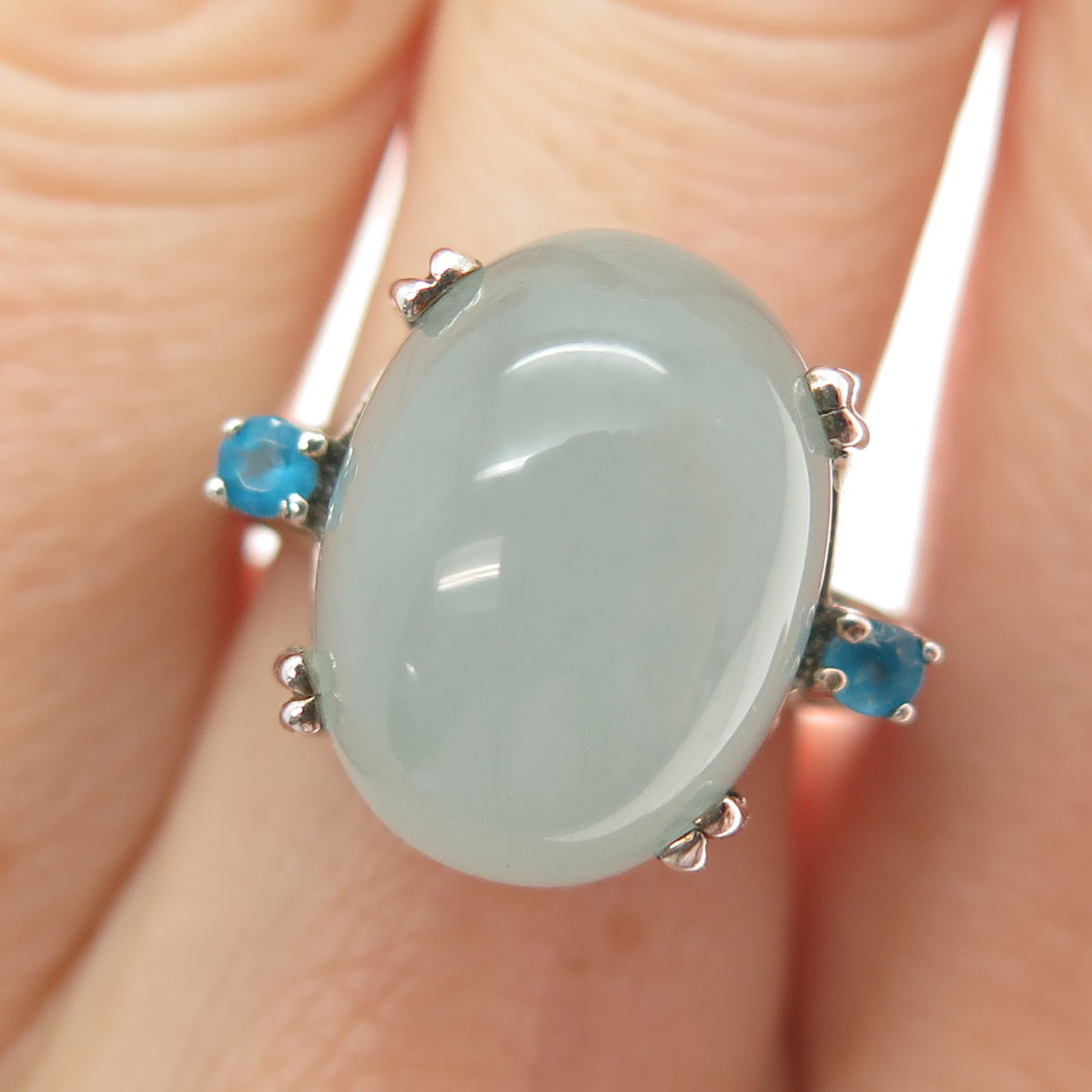 925 Sterling Silver Vintage Real Milky Aquamarine & Apatite Ring Size 7.5