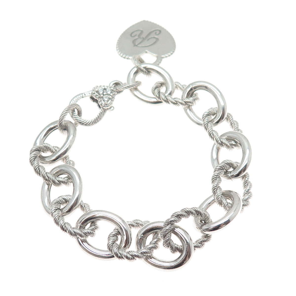 JUDITH RIPKA 925 Sterling Silver C Z Letter R Heart Tag Cable Link Bracelet 7.5"