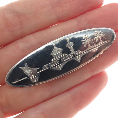 925 Sterling Silver Antique Niello Hindu Temple Pin Brooch