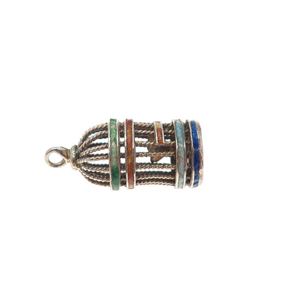 925 Sterling Gold Plated Antique China Enamel Bird Cage Minimalist 3D Pendant