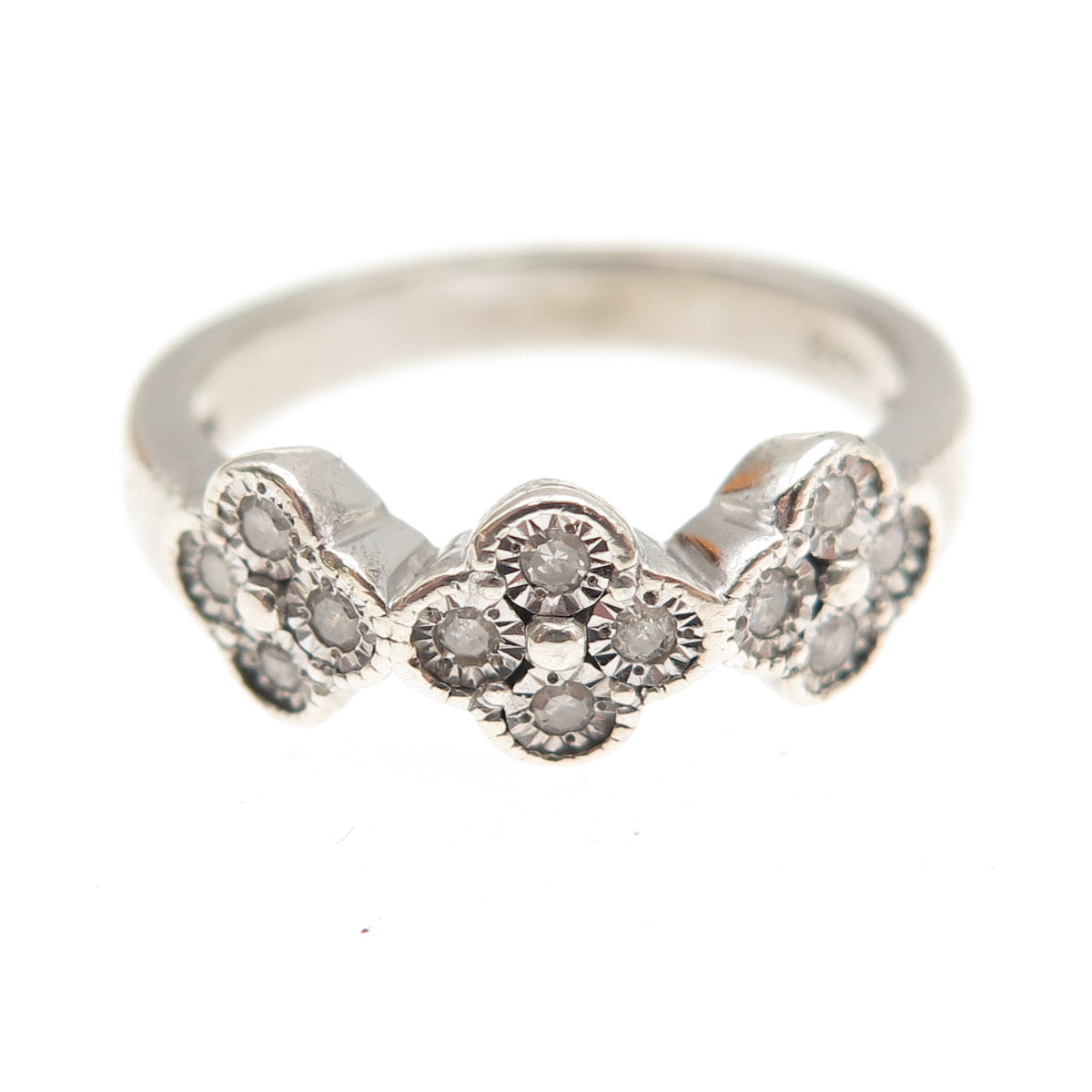 925 Sterling Silver Real Round-Cut Diamond Floral Ring Size 7