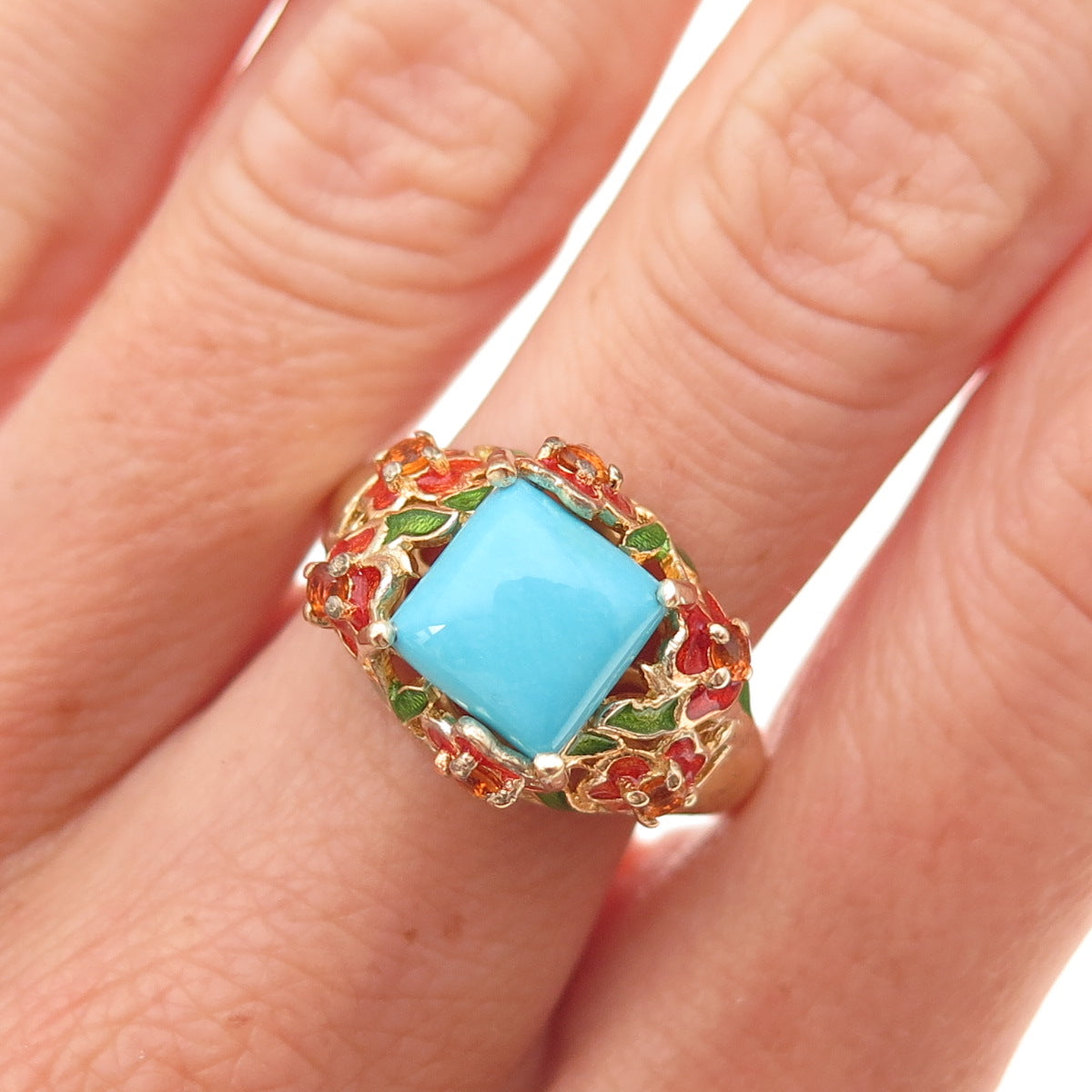 Chuck Clemency 925 Sterling Gold Plated Enamel Turquoise Citrine Ring Size 8.25