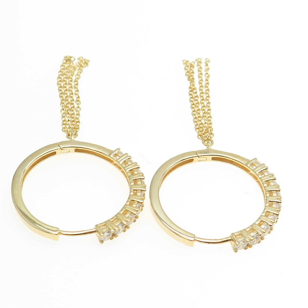 925 Sterling Silver Gold Plated Round-Cut C Z Tassel Hoop Earrings