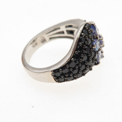 Chuck Clemency Sterling Silver Real Tanzanite Black Spinel Floral Ring Size 8.25