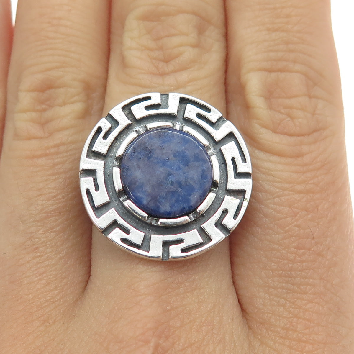 925 Sterling Silver Vintage Real Sodalite Gemstone Greek Maze Ring Size 7.5
