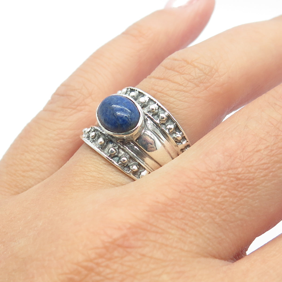 925 Sterling Silver Vintage Real Lapis Lazuli Gemstone Beaded Ring Size 8