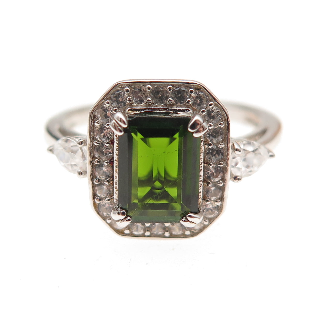 925 Sterling Silver Real Chrome Diopside & White Topaz Ring Size 8