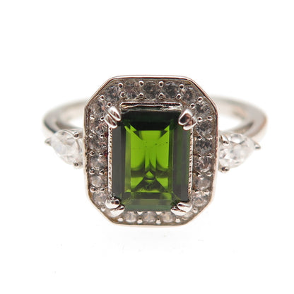 925 Sterling Silver Real Chrome Diopside & White Topaz Ring Size 8