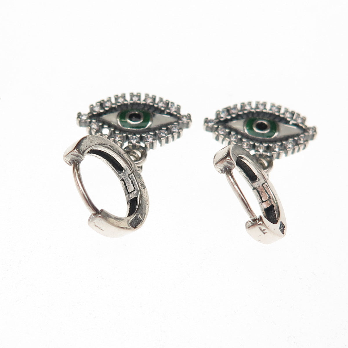 925 Sterling Silver Enamel & C Z Evil's Eye Amulet Dangle Charm Hoop Earrings