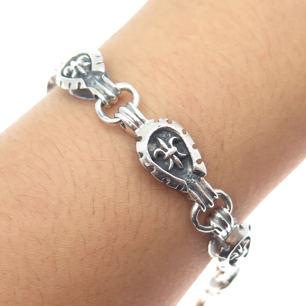 925 Sterling Silver Vintage Fleur de Lis Link Oxidized Bracelet 7.75"