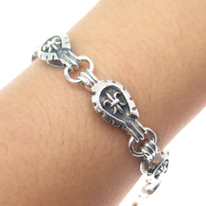 925 Sterling Silver Vintage Fleur de Lis Link Oxidized Bracelet 7.75"