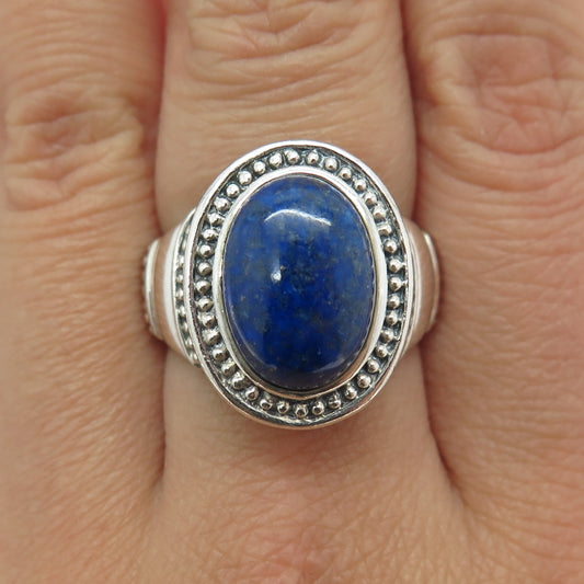 925 Sterling Silver Vintage Real Cabochon Lapis Lazuli Ornate Ring Size 8