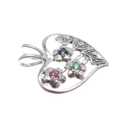 NEVADA 925 Sterling Silver Real Sapphire Ruby & Emerald Mom Heart Mini Pendant