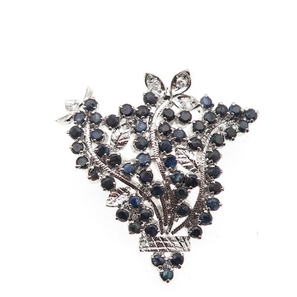 925 Sterling Silver Vintage Real Sapphire & C Z Floral Pin Brooch / Pendant