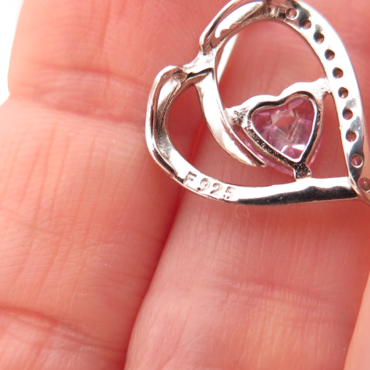 925 Sterling Silver Pink & White C Z Heart Slide Charm Pendant