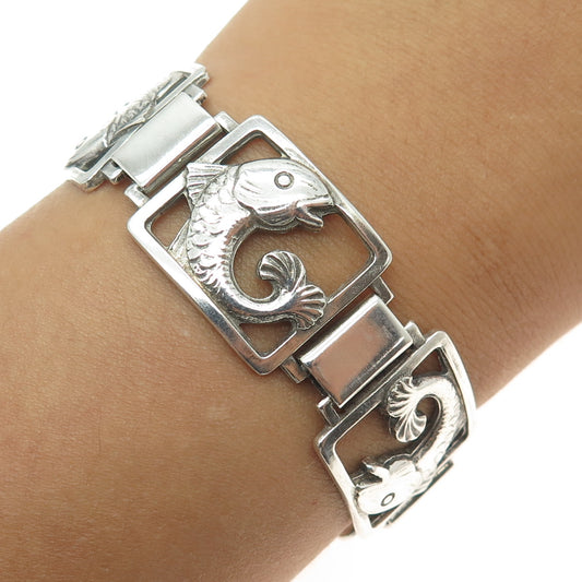 EILER & MARLOE 830S Silver Antique Denmark Fish Panel Link Bracelet 7.25" #131