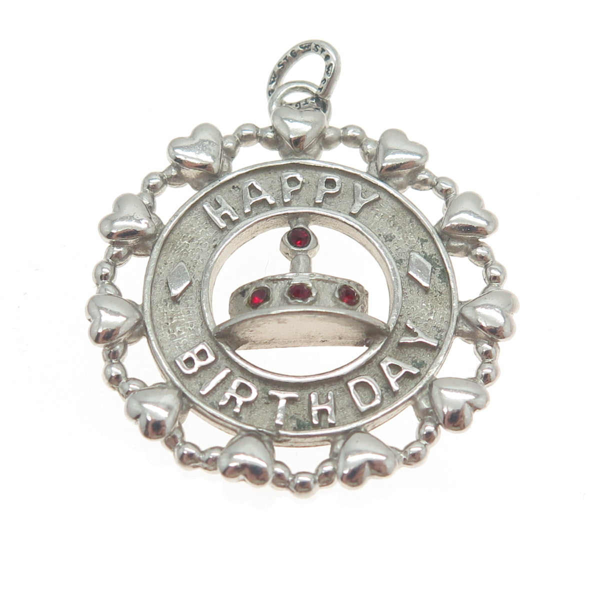 WELLS 925 Sterling Silver Vintage Red Rhinestone Happy Birthday Cake Pendant