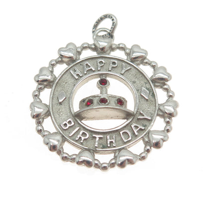 WELLS 925 Sterling Silver Vintage Red Rhinestone Happy Birthday Cake Pendant