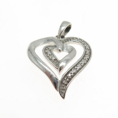 925 Sterling Silver Real Round-Cut Diamond Double Heart Pendant