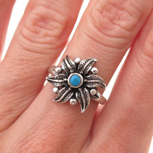 925 Sterling Silver Vintage Real Turquoise Lily Flower Oxidized Ring Size 6.25