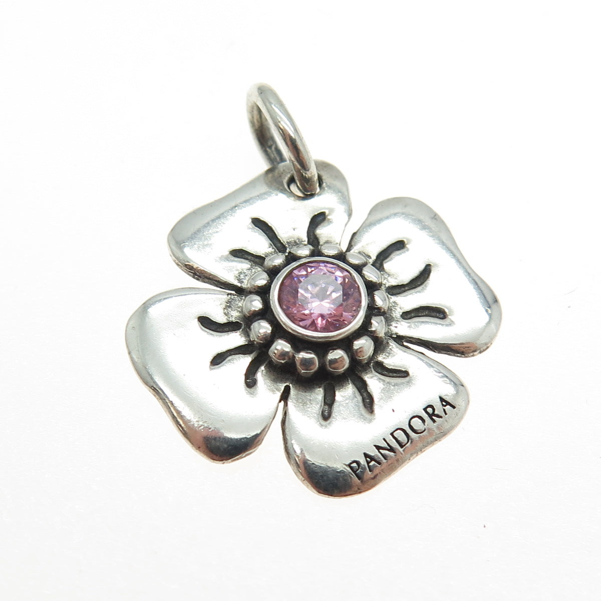 PANDORA 925 Sterling Silver Purple C Z Flower Blossom Charm Pendant