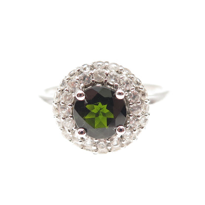925 Sterling Silver Real Green Tourmaline & White Topaz Ring Size 9.25