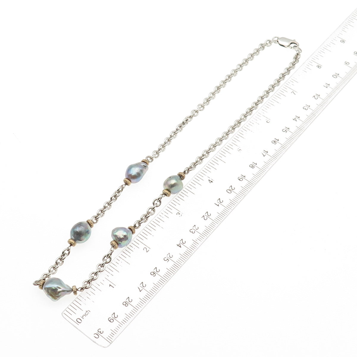 925 Sterling Silver 14K Gold Vintage Real Pearl Station Chain Necklace 16"