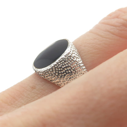 925 Sterling Silver Vintage Real Black Onyx Gemstone Textured Ring Size 6.75
