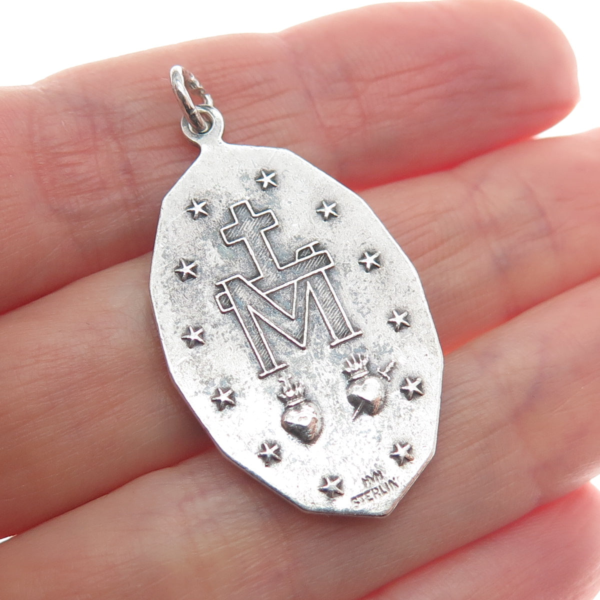 925 Sterling Silver Vintage St. Mary Miraculous Religious Oxidized Charm Pendant