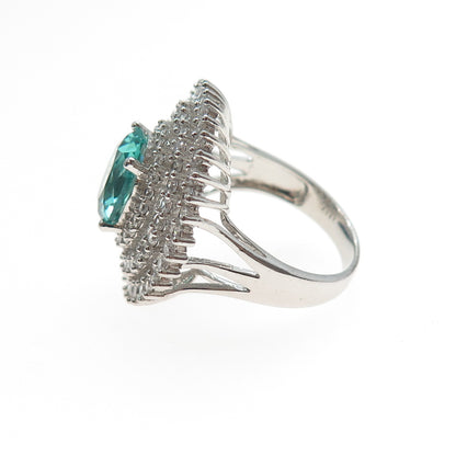 925 Sterling Silver Oval-Cut Paraiba & White C Z Bohemian Ring Size 8.25